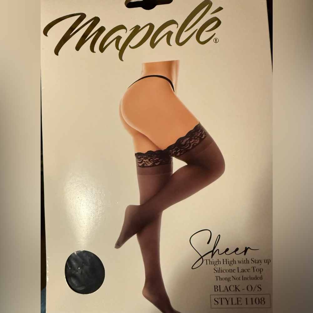 Mapale Sheer Black Thigh High Stay Up Silicone Lace Top O/S Style 1108